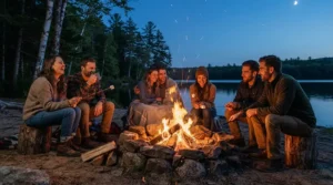 Friends gathered around a cozy campfire at a campsite wearing a durable military parka men.