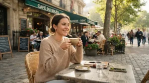 A man sitting at an outdoor coffee shop table wearing a casual military parka men.