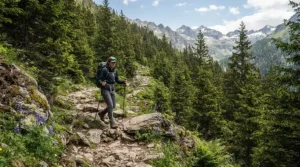 An outdoor enthusiast hiking through a mountain trail while styled in a rugged military parka men.