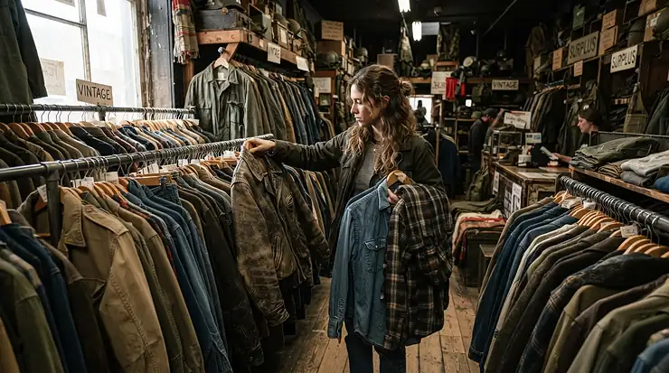 A shopper browsing through authentic vintage gear wearing a rugged military parka men.