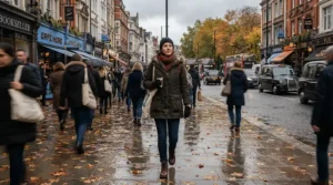 A man wearing a stylish military parka men in a bustling downtown city street during autumn.