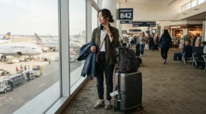 A traveler holding a folded packable windbreaker men at an airport gate