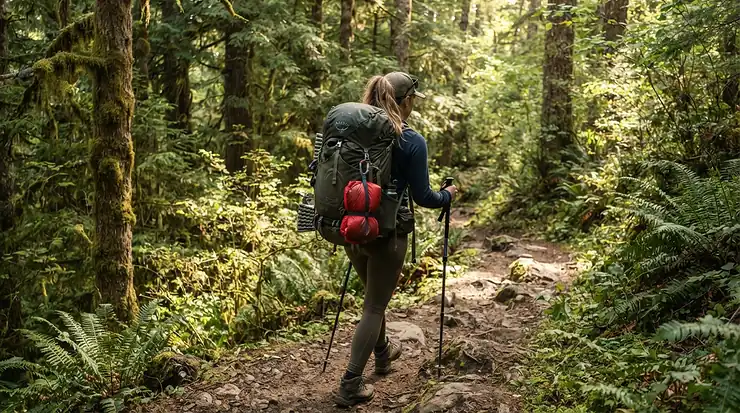 A backpacker with a compact packable windbreaker men attached to his pack