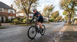 A cyclist wearing a streamlined packable windbreaker men on a bike ride