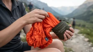 A person pulling a packable windbreaker men out of its stuff sack
